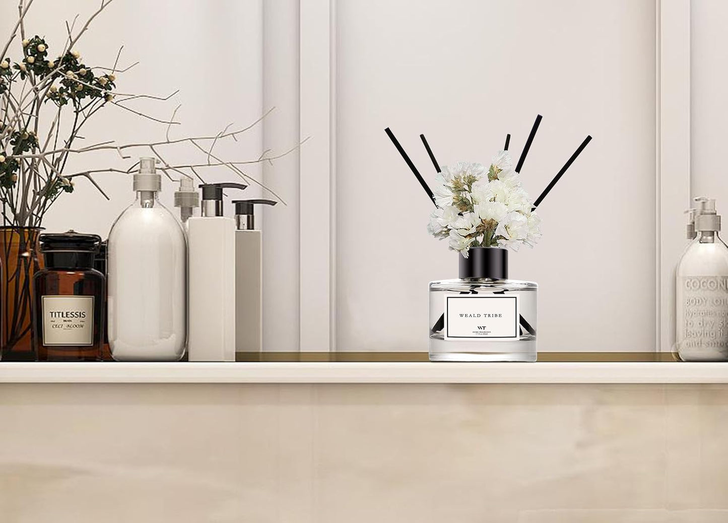 WEALD TRIBE Flower Reed Diffuser Set of 3 for Bathroom Accessories Shelf Decor & Air Fresheners, Stick Defusers | Velvet Vanilla, Hotel White Tea, Tahitian Crown Flower Scent(1.7oz/Pack) Office Gift