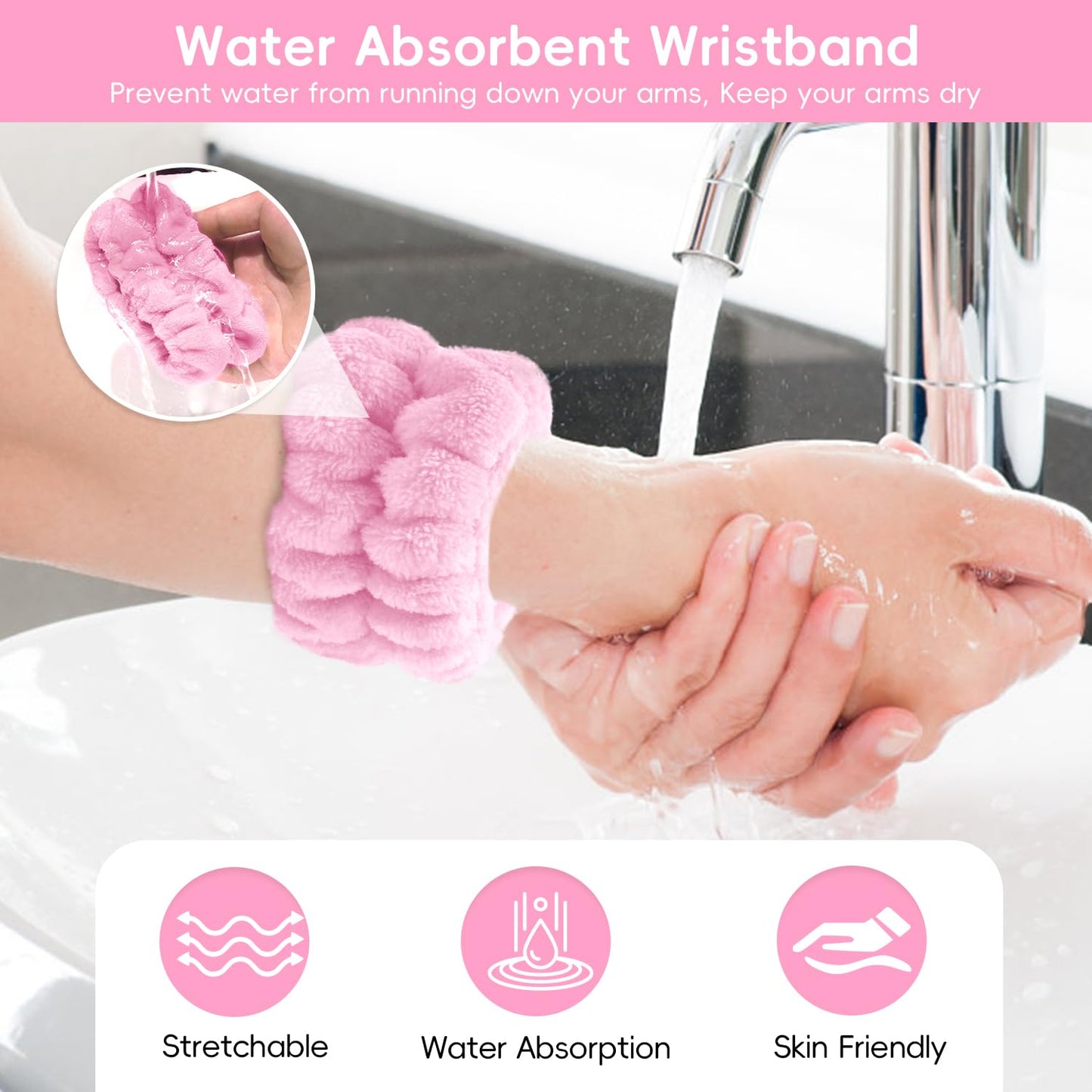 Spa Headband for Washing Face, Skincare headband and wristband set, Facial Cleansing Brush, 2-in-1 Skin Care face Brush, Come with a Hair Scrunchie, For Massaging Makeup Skincare -Pink