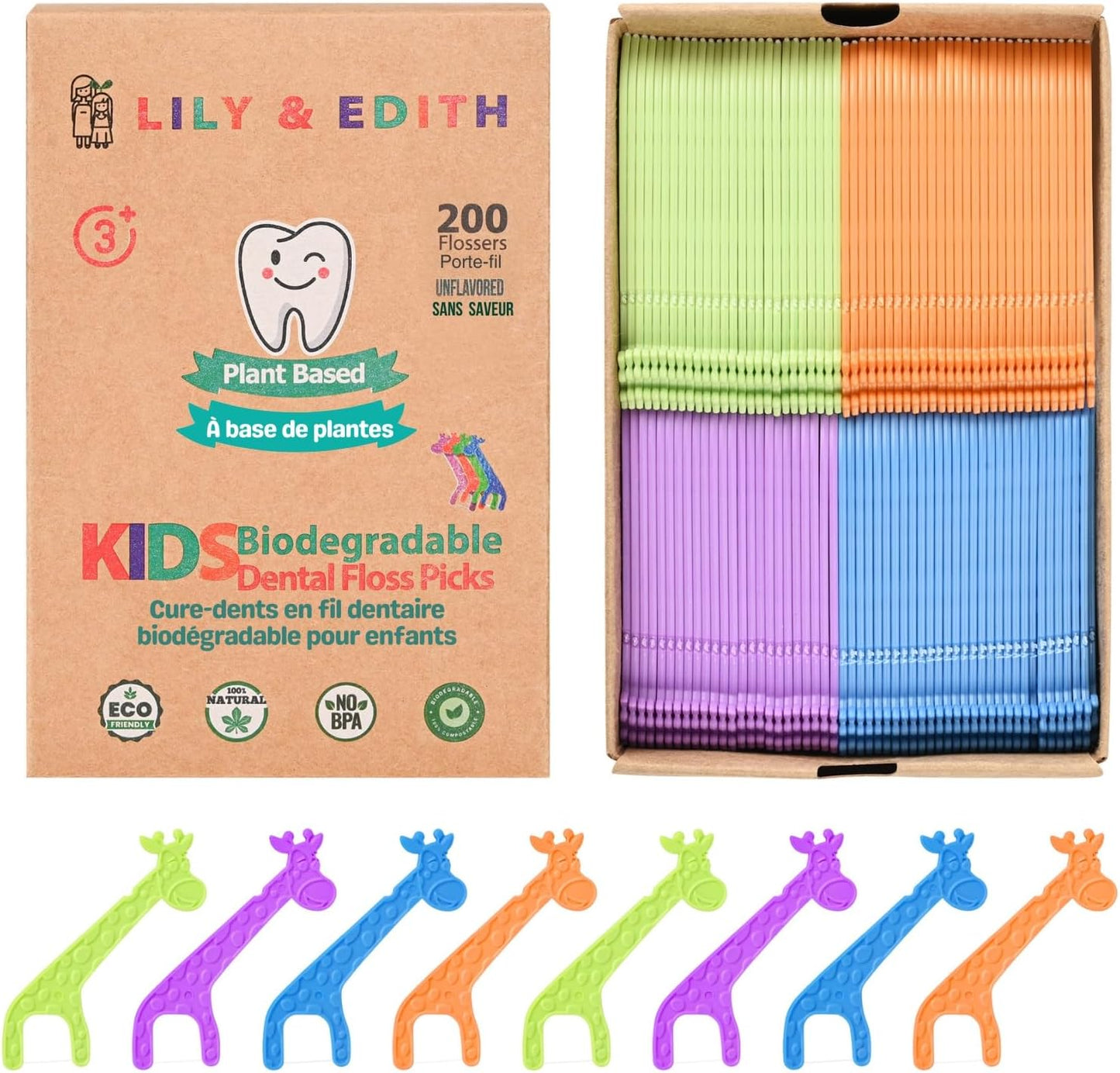 LILY & EDITH Kids Biodegradable Dental Floss Picks 200 Counts, Fluoride Free, Plant Based Material, Fun Animal Flossing Sticks, Ultra Sturdy Thread, Zero Waste Package (Unflavored)