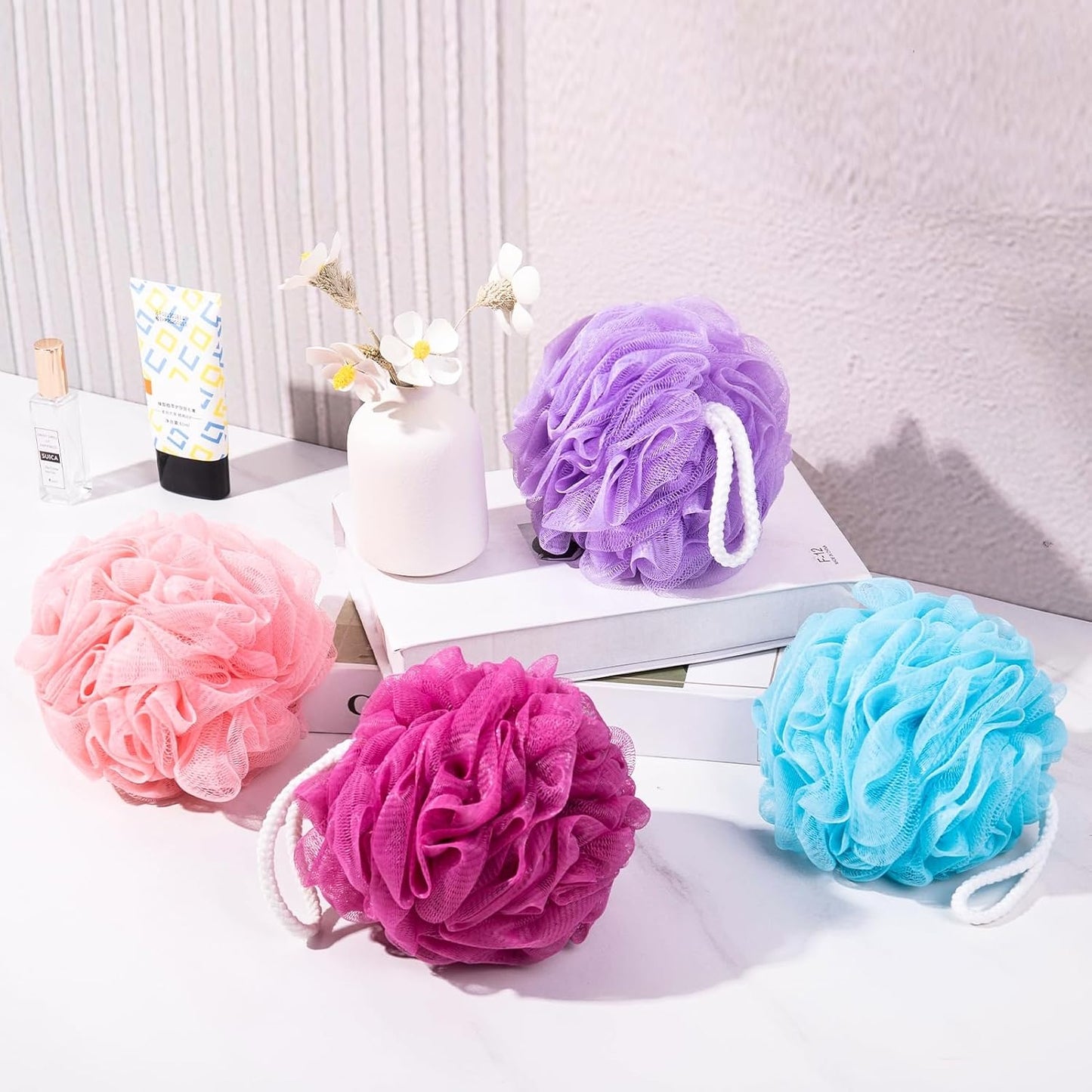 Loofah for Women 75g 4 Pack, Bath Sponge Soft Mesh Shower Puff Loofah Sponge, Exfoliating Body Scrubber, lufas for Women, Shower Accessories (Purple Red Pink Blue)