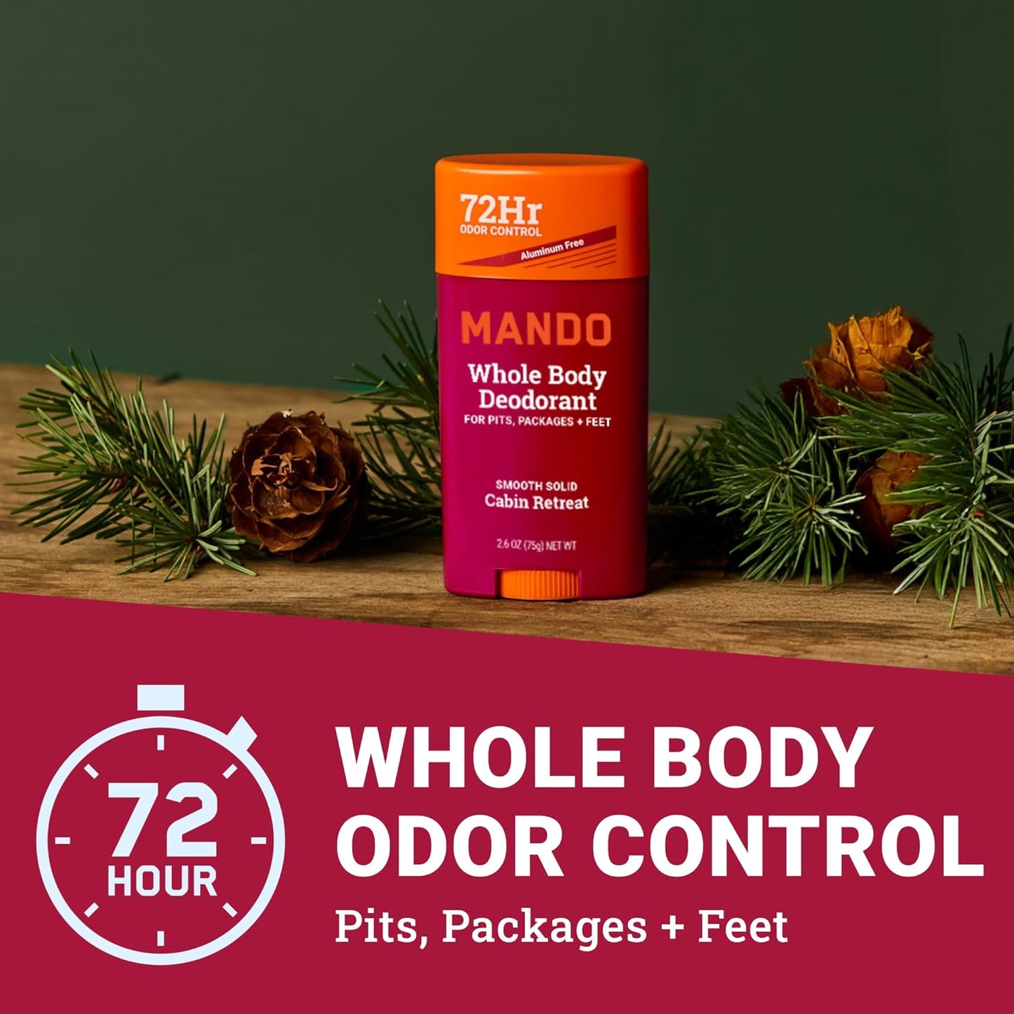 Mando Whole Body Deodorant For Men - Smooth Solid Stick - 72 Hour Odor Control - Aluminum Free, Baking Soda Free, Skin Safe - 2.6 Ounce (Pack of 2) - Cabin Retreat Limited Edition Scent