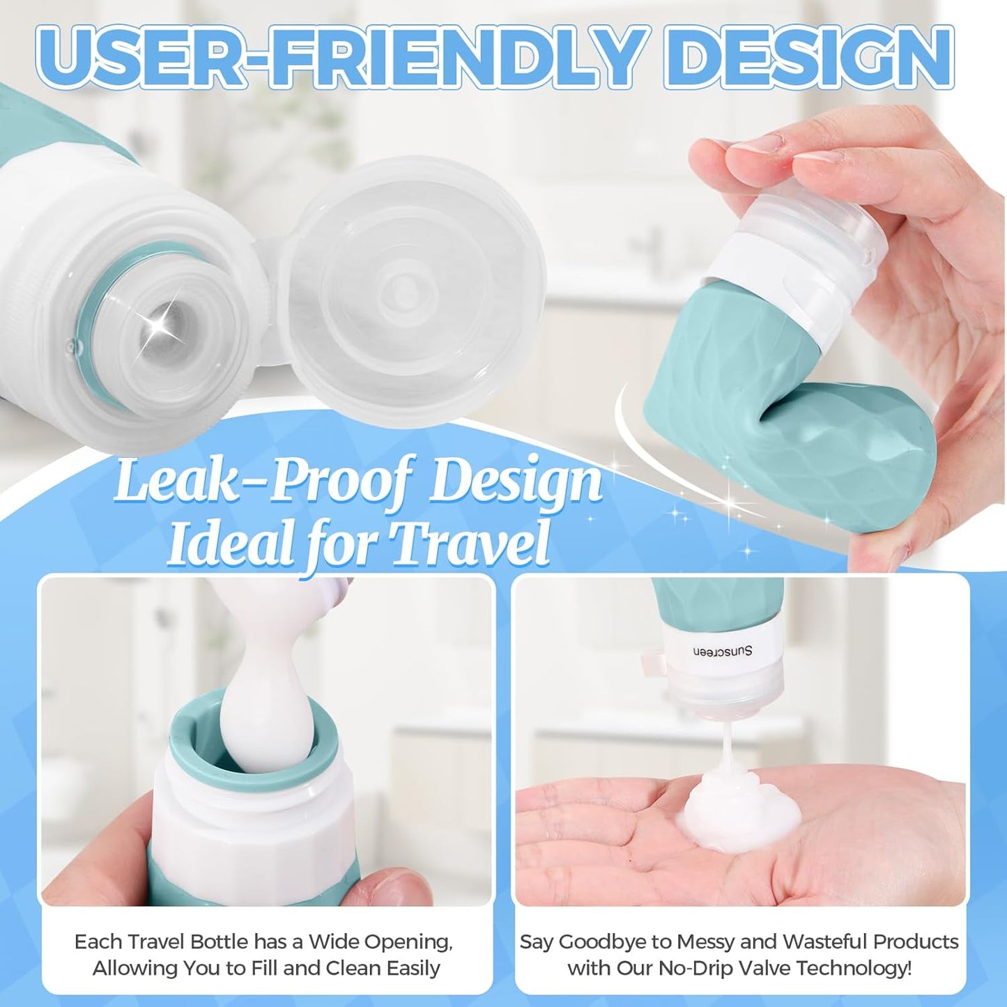 16Pack Travel Bottles for Toiletries, TSA Approved Travel Size Toiletries Containers Set, Silicone Leak Proof Refillable Bottles Elastic Sleeves Creams Jars Accessories Kit W/Clear Bag (Mint Green)