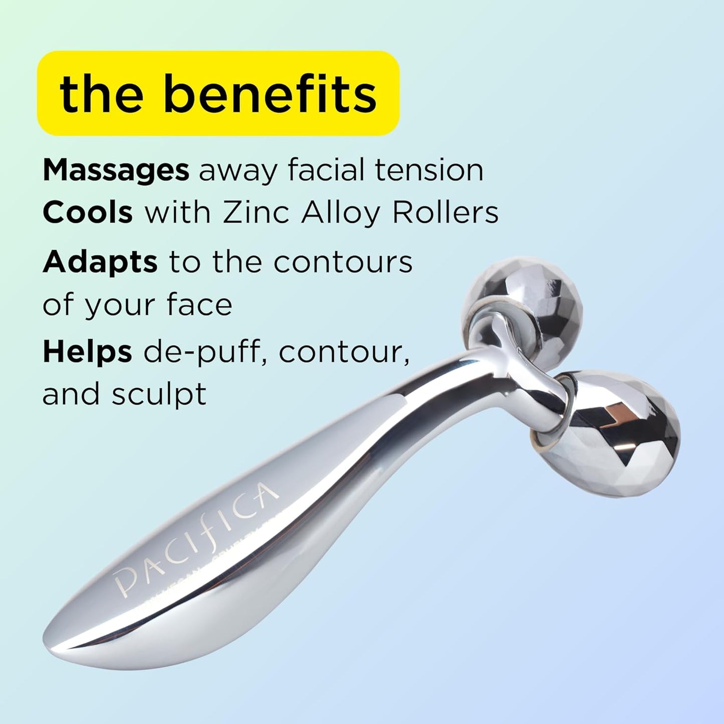 Pacifica Future Youth Stainless Steel Face Roller – Cooling Dual Gua Sha Facial Massager for Sculpting, Contouring & De-Puffing – Anti-Aging Skin Care Tool for Wrinkles & Fine Lines Lymphatic Drainage