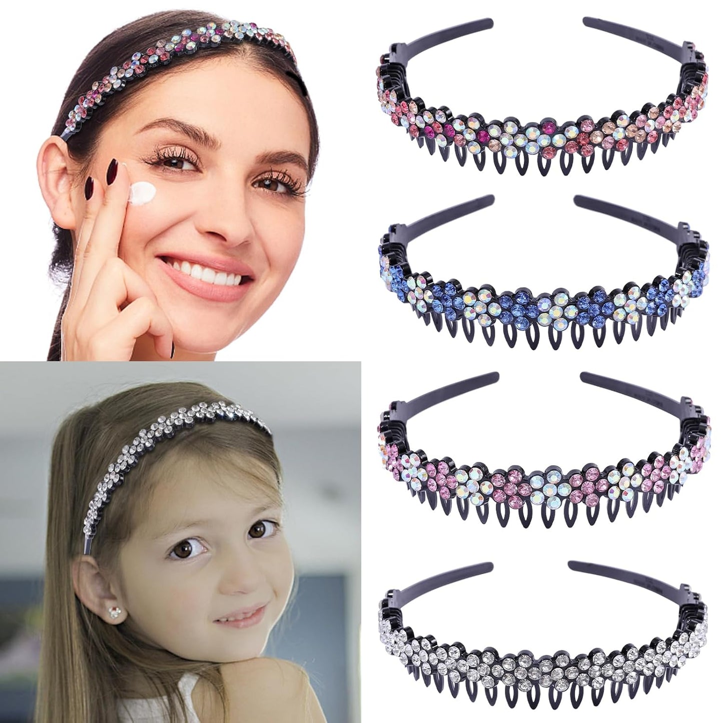 Rhinestone Headband with Teeth Comb Flower Glitter Headband for Women Girls Sparkly Crystal Plastic Hairband Non Slip Hair Hoop Hair Accessories for Ladies Girls with 4PCS