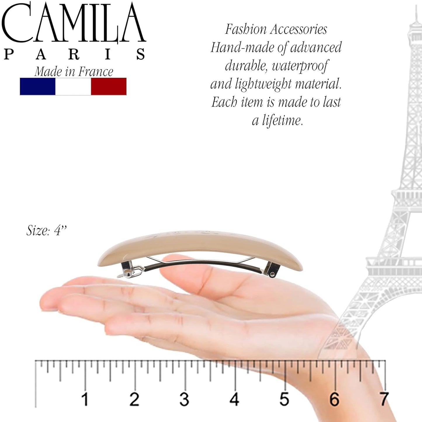 Camila Paris CP3438 French Hair Barrette Clip for Girls, Rubberized Automatic Clasp Strong Hold Grip Hair Clips for Women, No Slip and Durable Styling Girls Hair Accessories, Made in France (Beige)