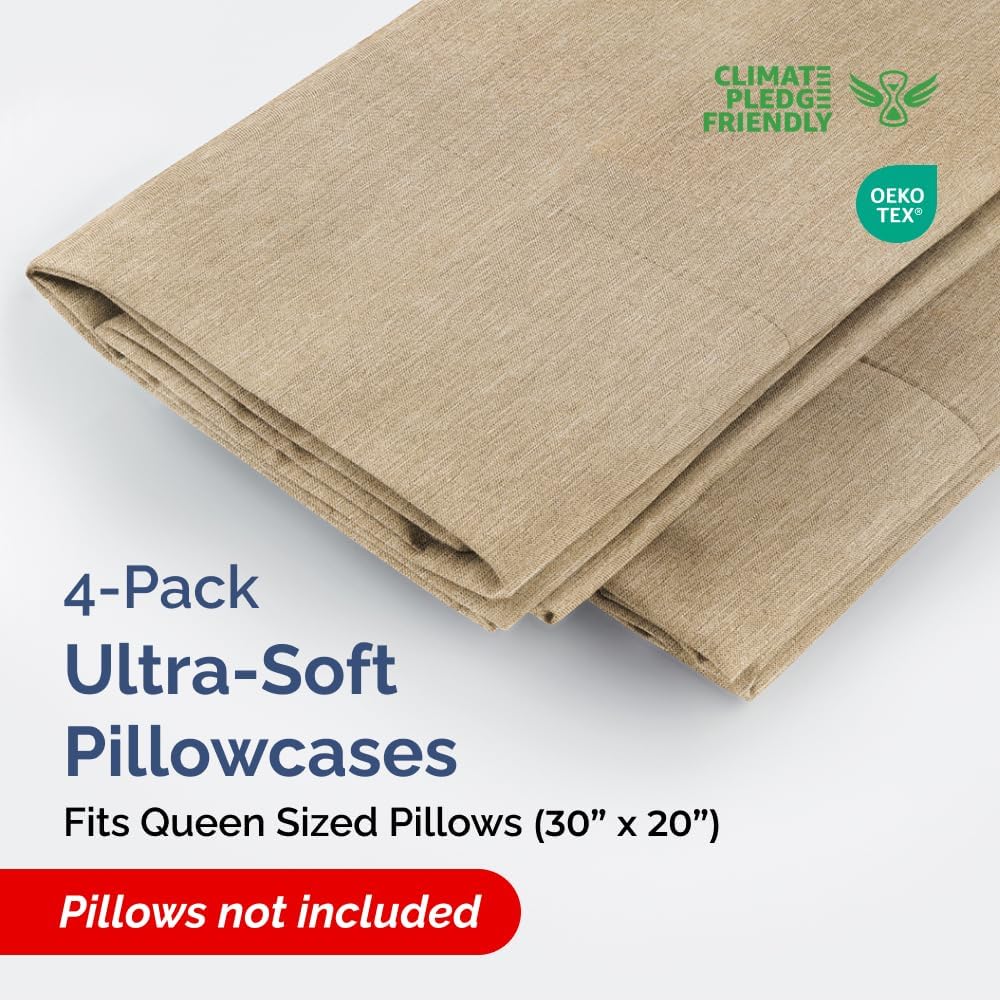 Queen Pillow Cases Set of 4 - Ultra Soft Hotel Quality Pillowcase Covers - Comfy, Cozy & Wrinkle Free - Shrinkage and Fade Resistant - Machine Washable Pillow Protectors - 4 Piece Set - Heathered Tan