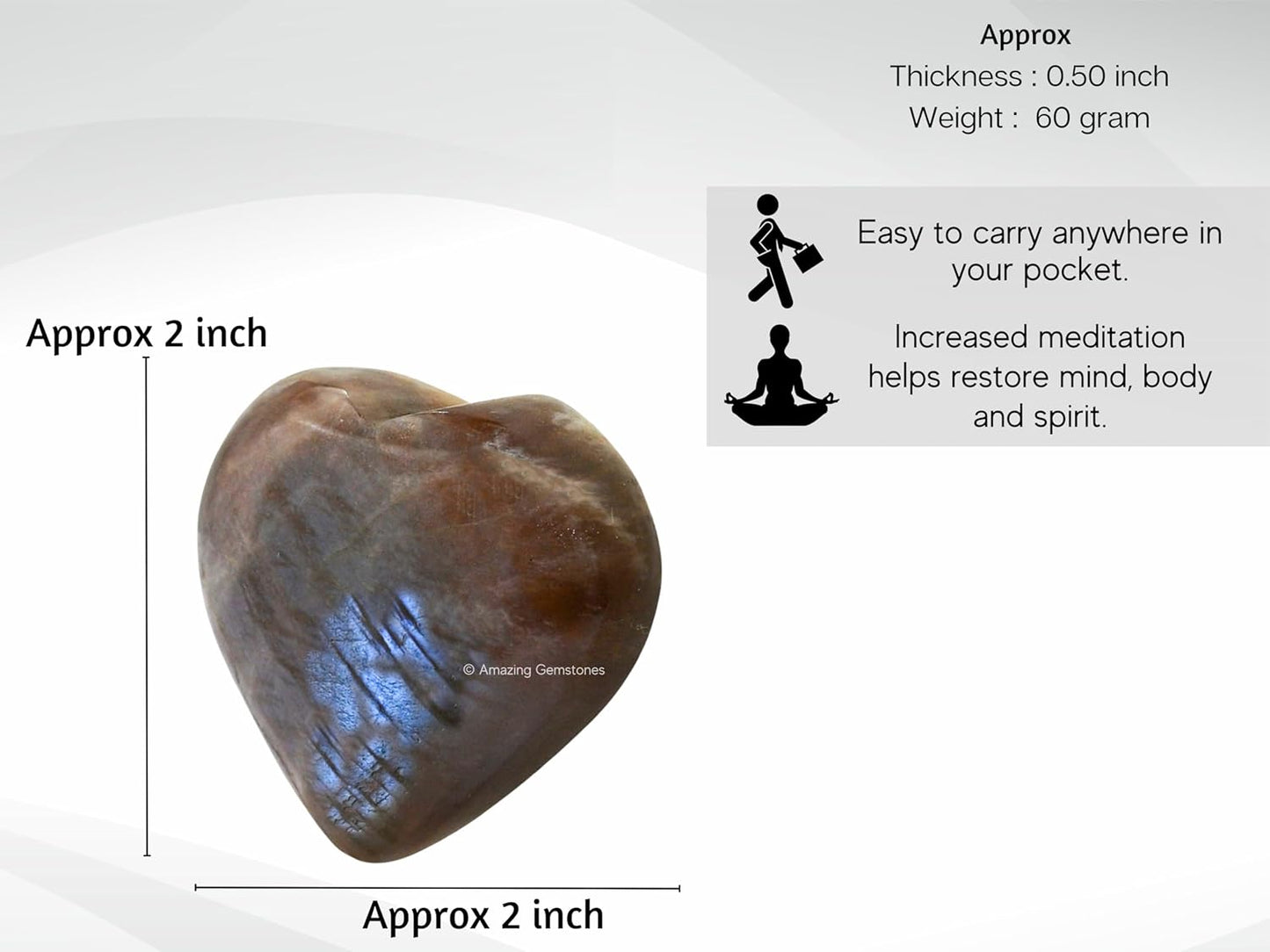 Amazing Gemstone Sun Moonstone Crystal Heart Palm Stone - Pocket Massage Worry Stone for Natural Body Chakra Balancing, Reiki Healing and Crystal Grid