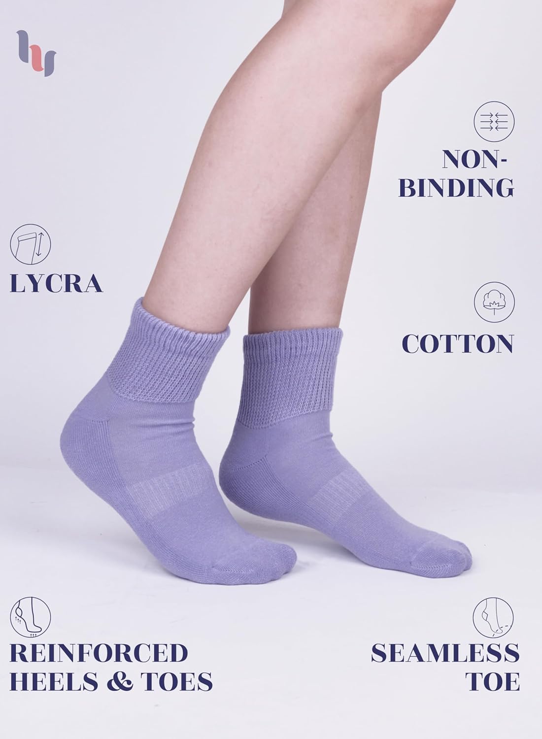 Hugh Ugoli Women's Cotton Diabetic Ankle Socks, Wide, Loose, Stretchy, Seamless Toe, Non Binding Top Semi Cushion, 3-6 Pairs