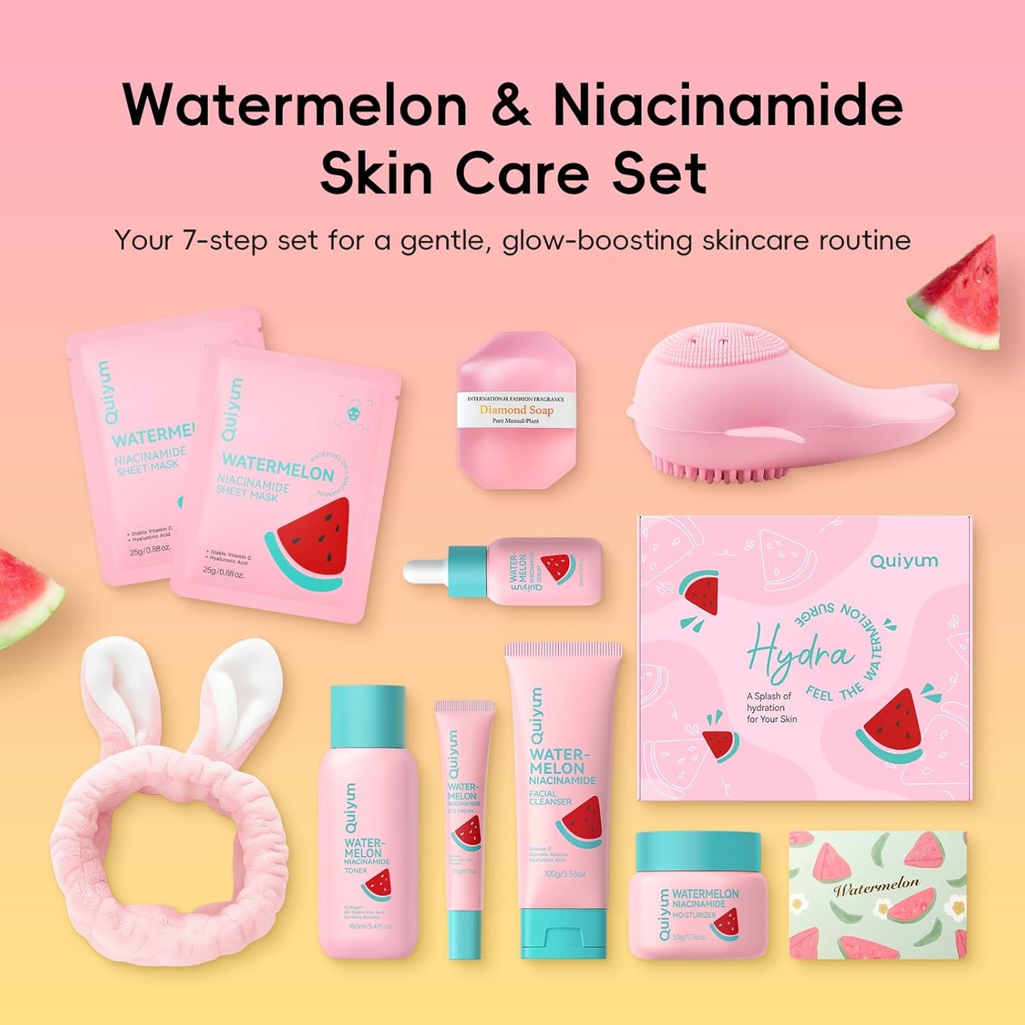 Watermelon Skin Care Kit for Girls Teen, 7 Daily Routine Beauty Skincare Sets- Gift Set with Facial Cleanser, Toner, Eye Cream, Cream, Serum, Facial Mask, Handmade Soap, Face Care Set for Travel