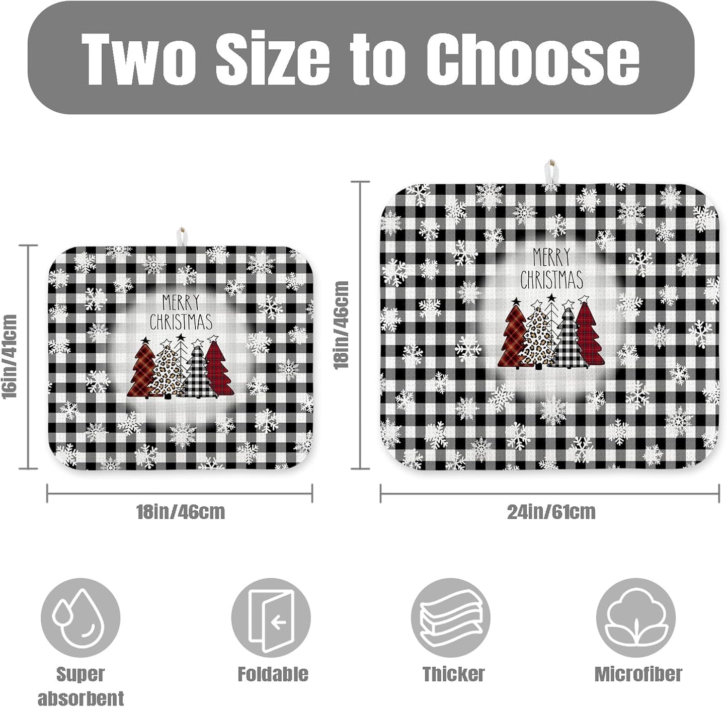 Dish Drying Mat for Kitchen Counter Large 18" x 24" Buffalo Plaid Christmas Tree Absorbent Microfiber Dishes Drainer Rack Mats Pad Reusable Washable