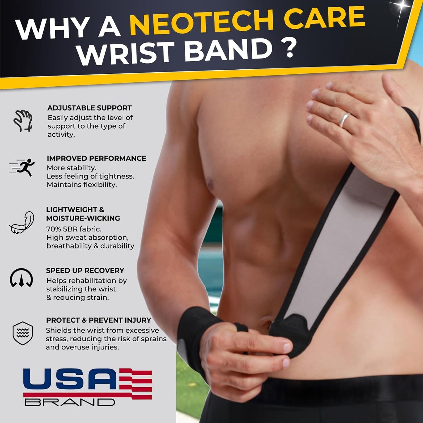 NeoTech Care Wrist Band - Elastic & Breathable Fabric - Adjustable Compression Strap - Men, Women, Right or Left - Support Wrap for Protection or Sports (Black Color, Size S, 1 Unit)