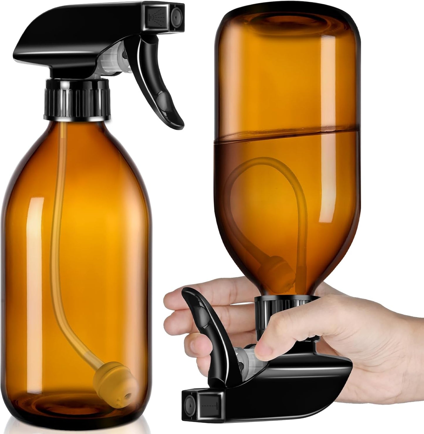 Tecohouse 2 Pack Amber 360° Glass Spray Bottles Clear, 16 oz Empty Refillable Containers with Adjustable Spray Nozzles, Spray Bottles for Cleaning Solutions and Plants
