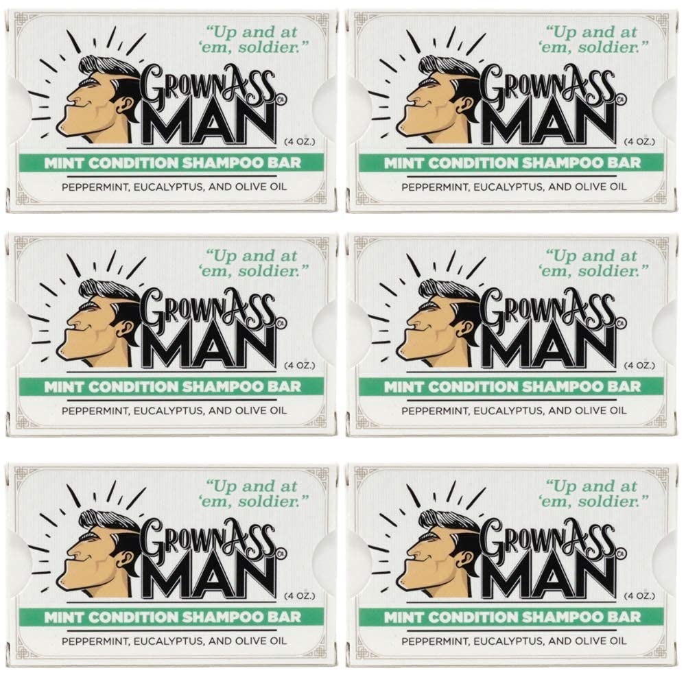 Grown Ass Man Co. - Solid Shampoo Bar Rich Lather 3 in 1: Hair, Beard & Body Wash - Plastic Free & Eco-Friendly, Natural & Organic Clean for All Hair Types, 4oz Bar (Mint Condition, 6-Pack)