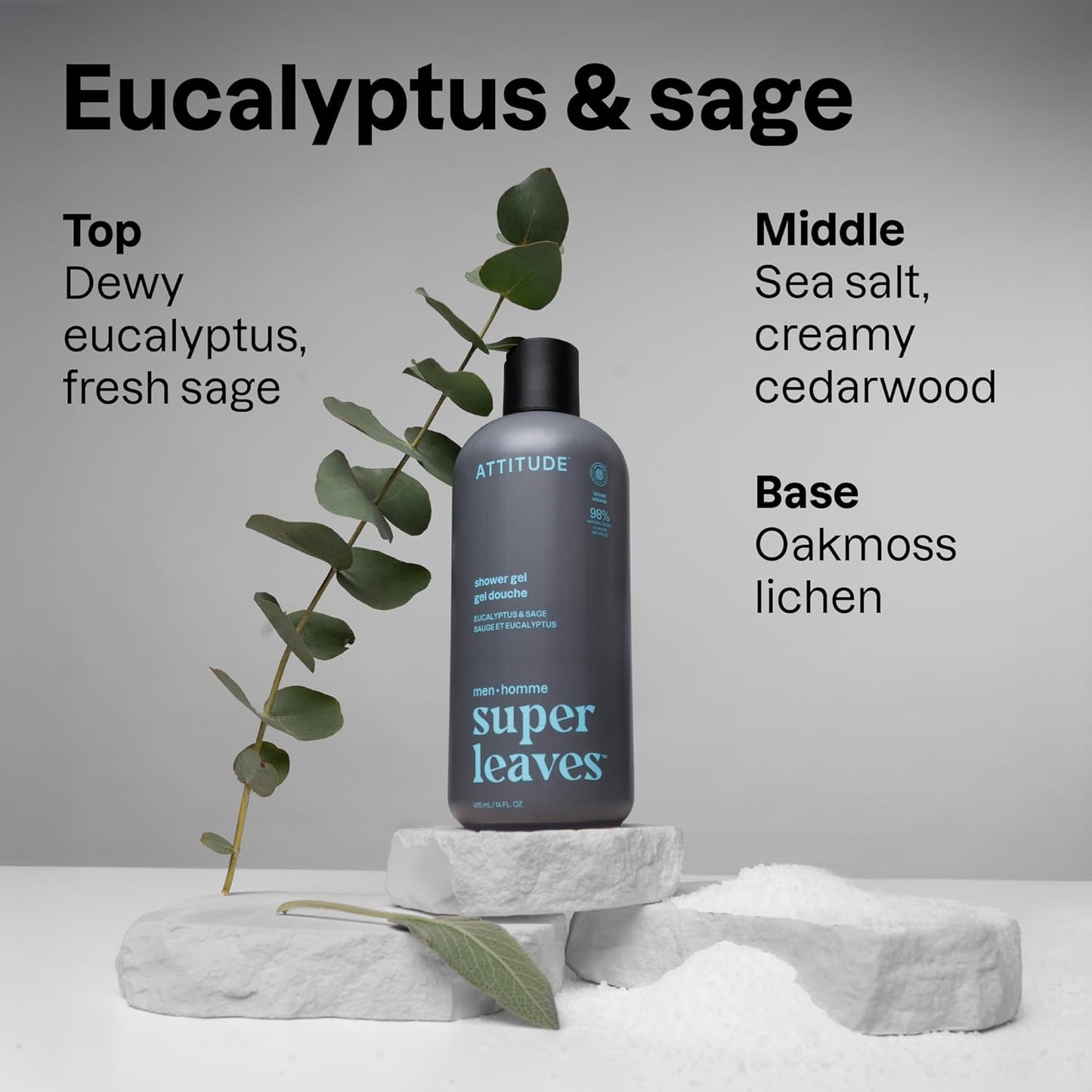 ATTITUDE Shower Gel Body Wash for Men, 98% Natural Origin Ingredients, Paraben & Phthalate Free, EWG Verified, Cleanses Without Drying, Eucalyptus & Sage,14 Fl Oz