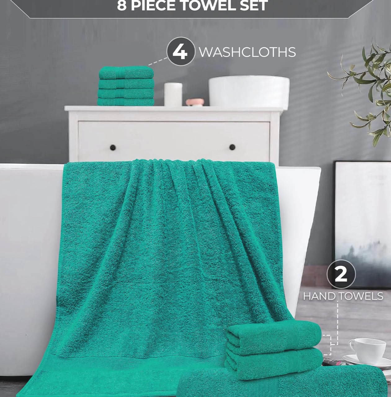 Softolle Luxury 8 Piece Towel Set, 2 Bath Towels 2 Hand Towels 4 Washcloths, Towels for Bathroom, Home, Spa & Gym - Highly Absorbent (Turquoise)