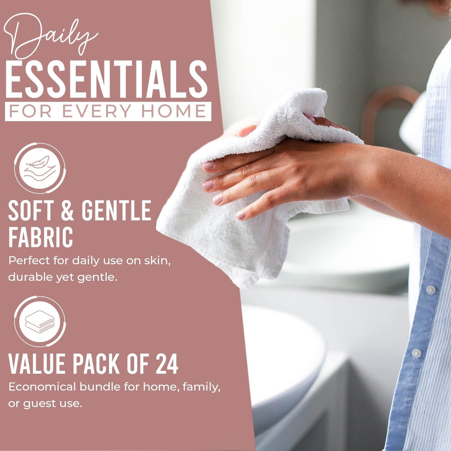 DAN RIVER 100% Cotton Wash Cloths 24 Pack [12x12] Soft & Absorbent face Towel for Showering, Gym, Hotels & Spa Perfect for Everyday Use Fingertip Towels, Dusty Pink