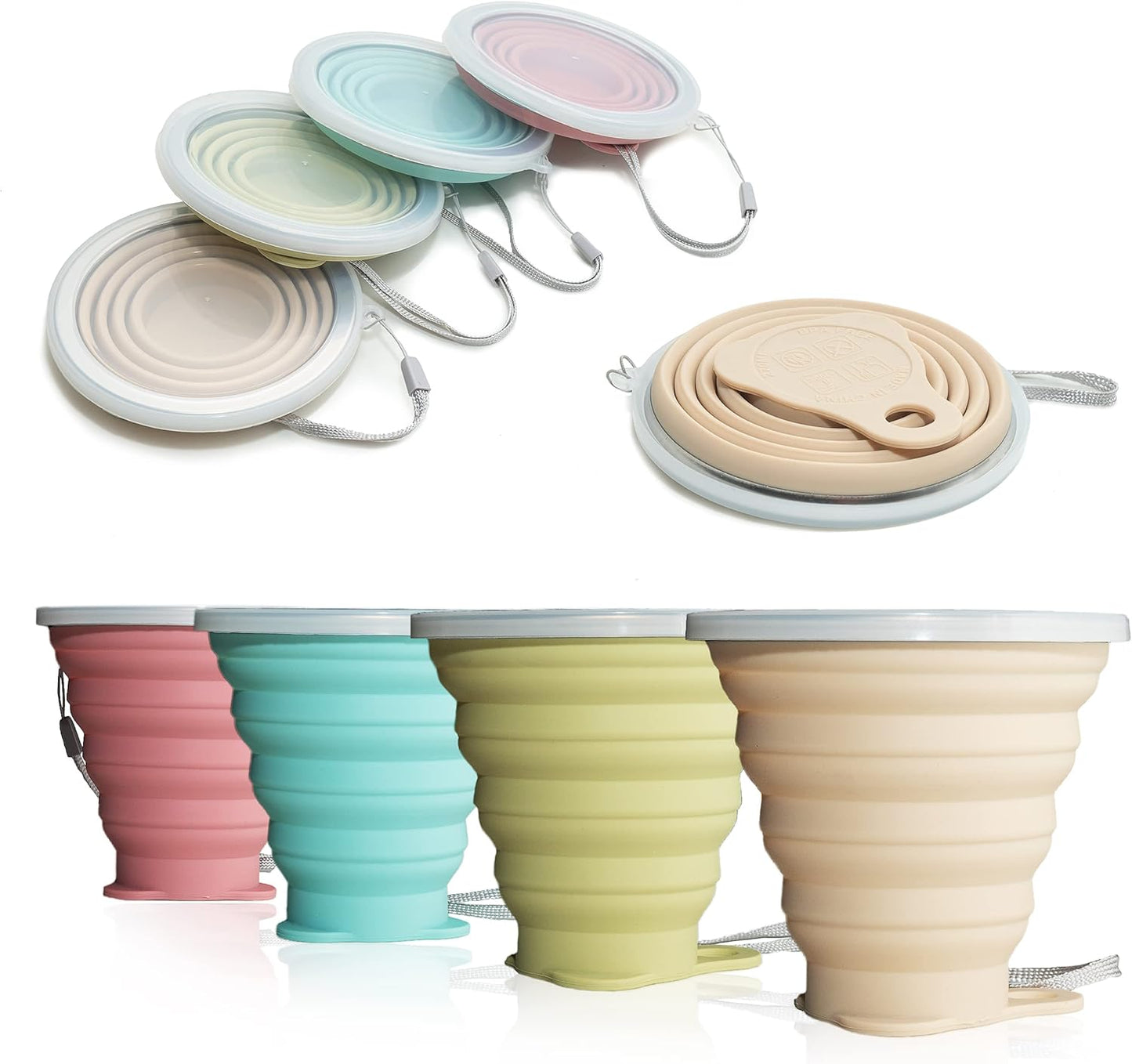IYYI Collapsible Cup for Traveling, Silicone Foldable Cup, Camping Mug with Lid, Folding Mug for Camping, Hiking, Outdoors, Travel (4Pack-Pink-Green-Milk Tea-Beige)