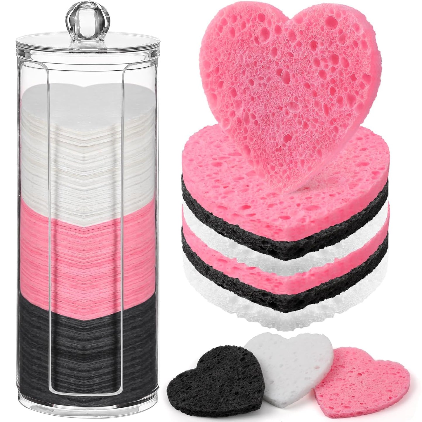 Sieral 120 Pcs Compressed Facial Sponges with Container Disposable Face Sponge Pads for Washing Face Cleansing Exfoliating Esthetician Makeup Removal(Heart,Pink, White, Black)