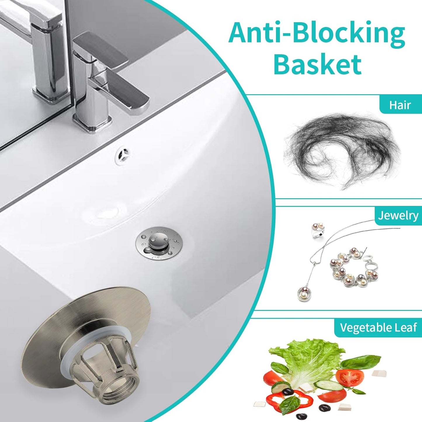 Universal Bathroom Sink Stopper with Hair Catcher, for 1.04-1.97 Inch Drain Hole, Spring Core Bathtub Drain Cover, Pop Up Sink Plug Basin Drain Strainer, Large Lid Brushed Nickel