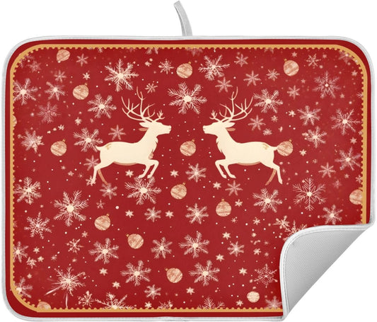 Christmas Dish Drying Mat Golden Snowflake Elk Reindeer Red Dish Drainer Mat for Kitchen Counter 16 x 18 Inch Winter Absorbent Microfiber Dishes Pad