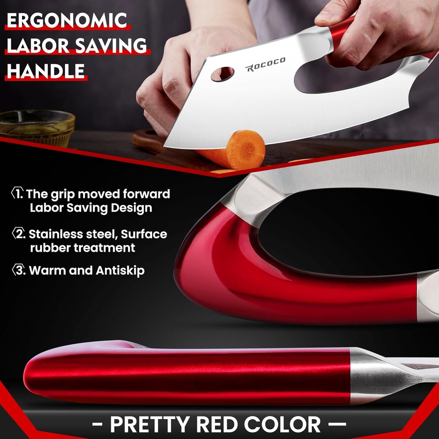 ROCOCO Meat Cleaver Knife Unique Effort Saving Kitchen Knife Professional Stainless Steel Chef Cooking Knives for Cutting Meat Vegetable Father Mother Christmas Gift Red