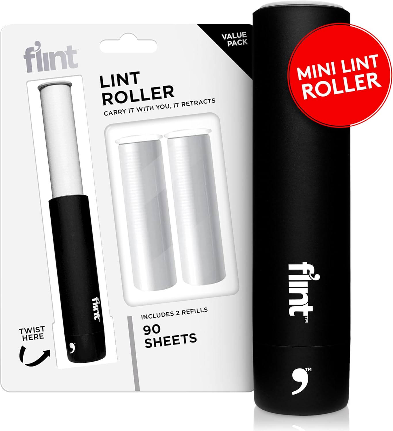 Flint Classic Black Retractable Mini Lint Roller with 90 Extra Sticky Sheets, Small and Portable Lint Roller, Ideal Pet Hair Remover, Travel Lint Rollers for pet Hair Extra Sticky