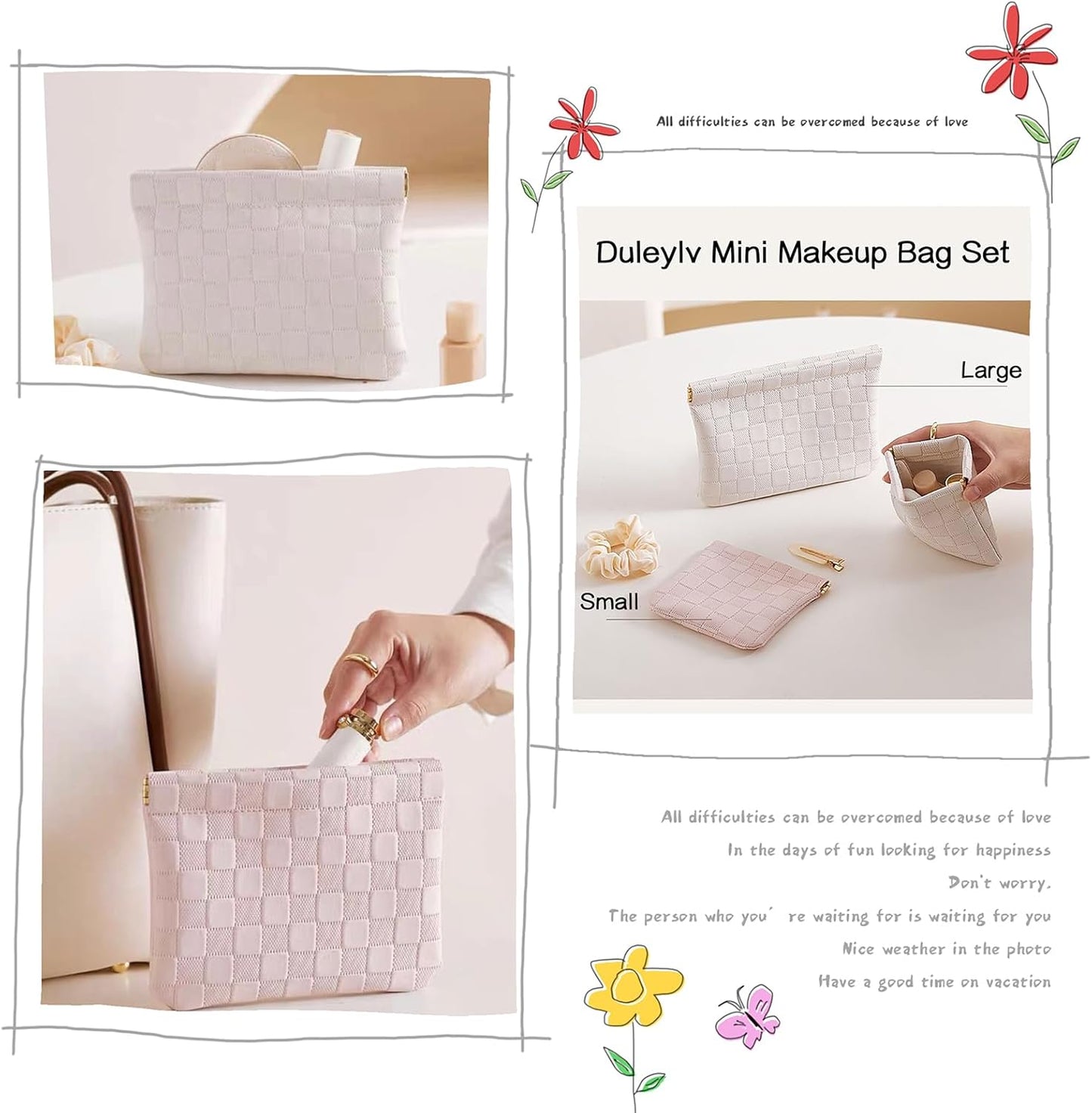 2 PCS Small Makeup Bag for Purse Waterproof Mini Cosmetic Bag for Coin Lipstick Jewelry Portable Mini Makeup Bag Set for Women Small Cosmetic Pouch Makeup Organizer White