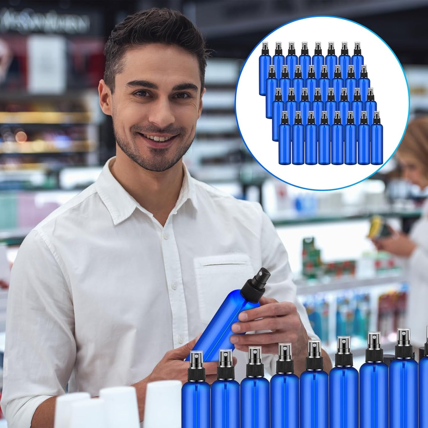 Eccliy 32 Pcs 8 oz Spray Bottles Fine Mist Cleaning Bottles Clear Empty Plastic Travel Sprayer Refillable Sprayer with Cap for Cleaning Solutions Oils Travel Perfumes(Blue,Clear)