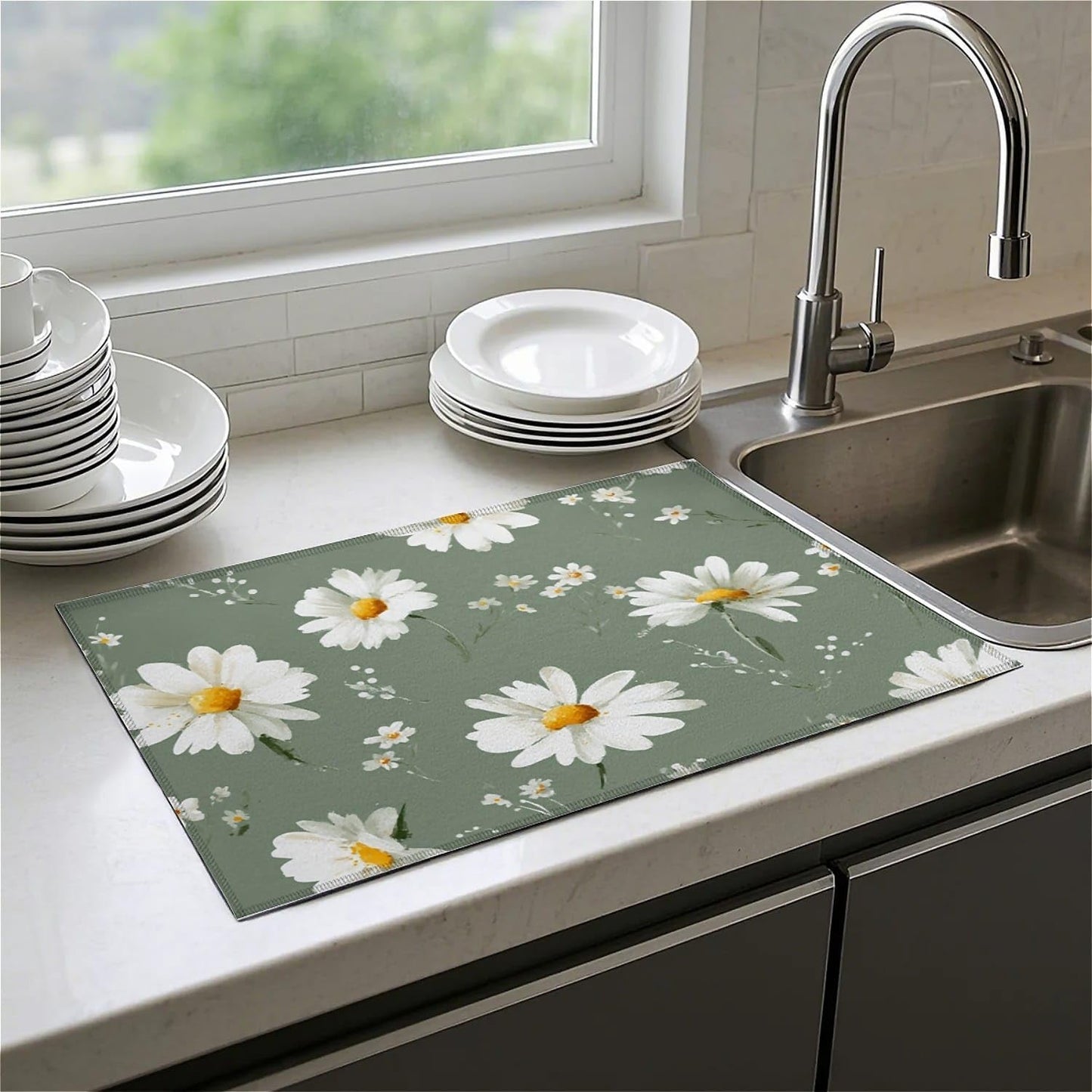 Dish Drying Mat For Kitchen Counter, White Daisy Flowers Microfiber Absorbent Dish Drainer Rack Pad Reusable Large 18x24in Drying Mat