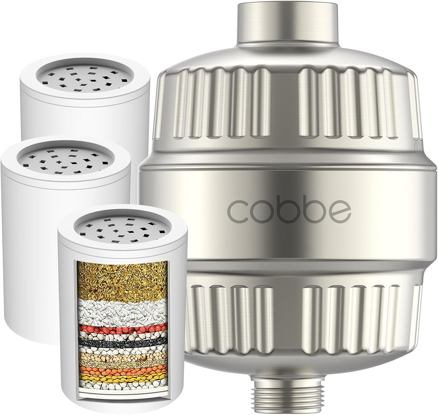 Cobbe High Output Shower Filter for Hard Water - 2 Replaceable Cartridges - Removing Chlorine and Harmful Substance, Dramatically Improves The Condition of Your Skin, Hair and Nails - Brushed Nickel