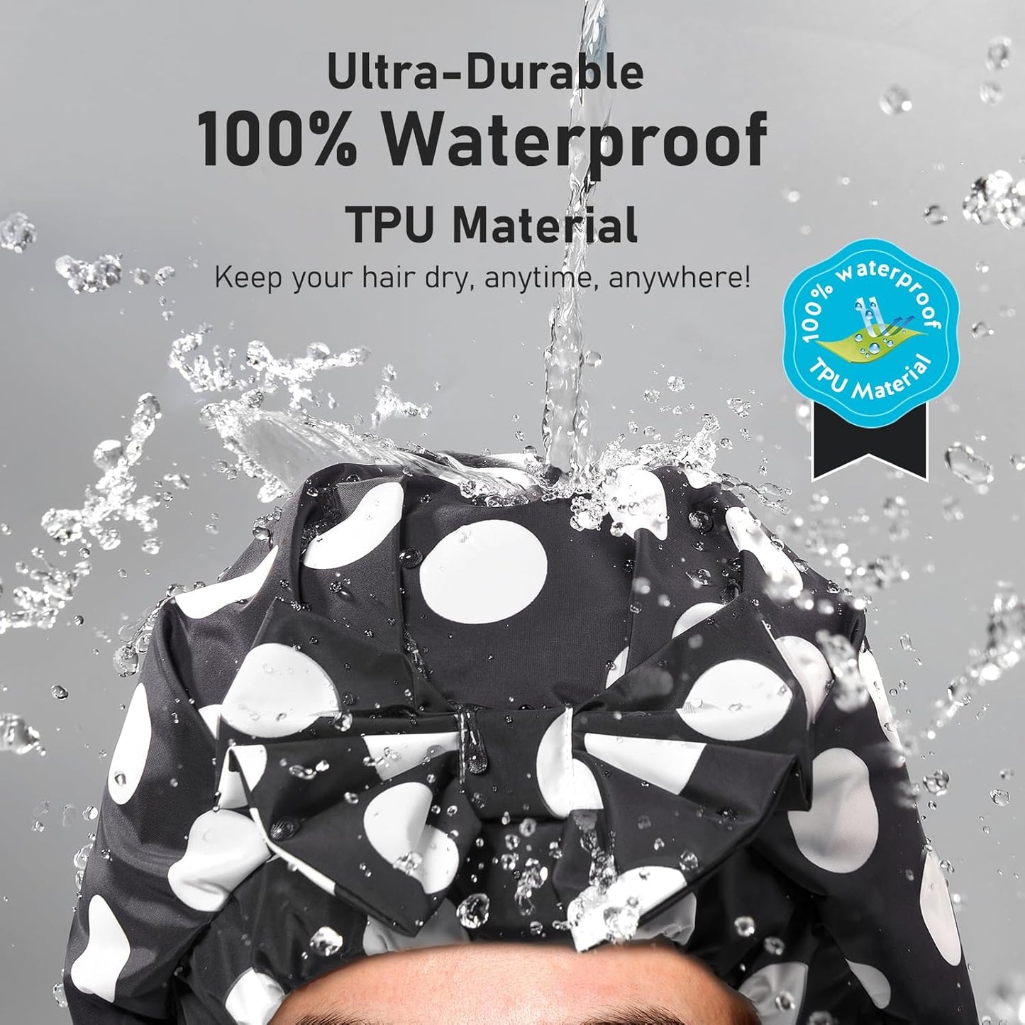 LitBear Luxury Silk Lined Shower Caps for Women Reusable Waterproof, Double Layered Large Bathing Hair Cap with Adjustable Elastic Strap, Non-slip, Quick-dry, for Long Short Hair, Black Dots