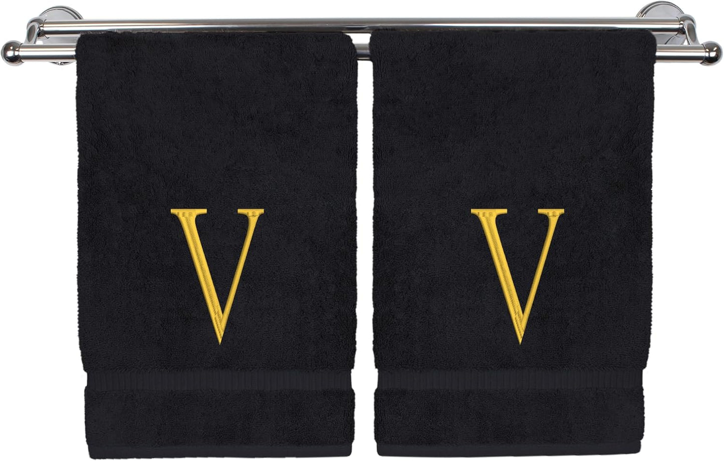 Monogrammed Hand Towel, Personalized Initial Gift, Extra Absorbent 100% Turkish Cotton - Soft Terry Finish - Set of 2 - Gold Block Initial V - Embroidered on Black Towels