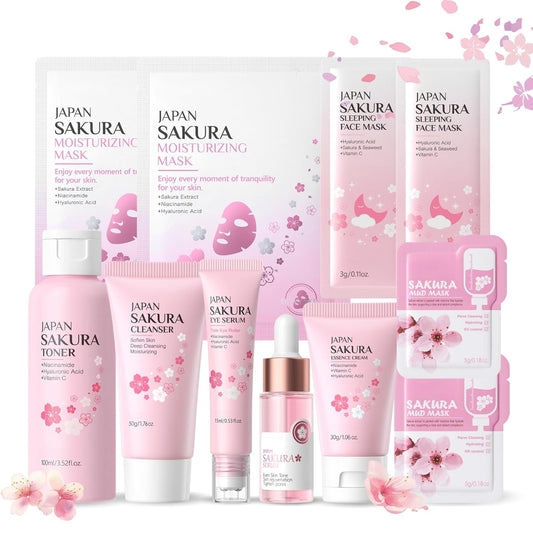 Japan Sakura Skin Care Set for Teen Girls - 11-IN-1 Skin Care for Teens 10-12 with Japanese Cherry Blossom Boost Hydrating, Travel Size Facial Kit Gift Set for Women Day & Night Skincare