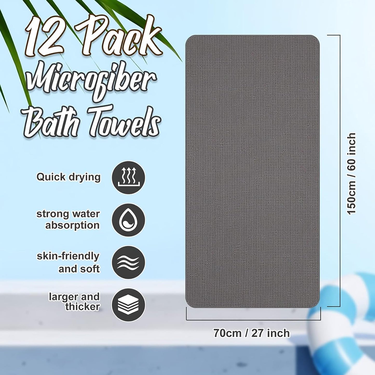 12 Pack Microfiber Bath Towels Bulk 27'' x 60'' Oversized Size Bath Towel Highly Absorbent Extra Large Soft Drying for Shower Beach Salon Winter Sport Spa Gym (Waffle,Grey)