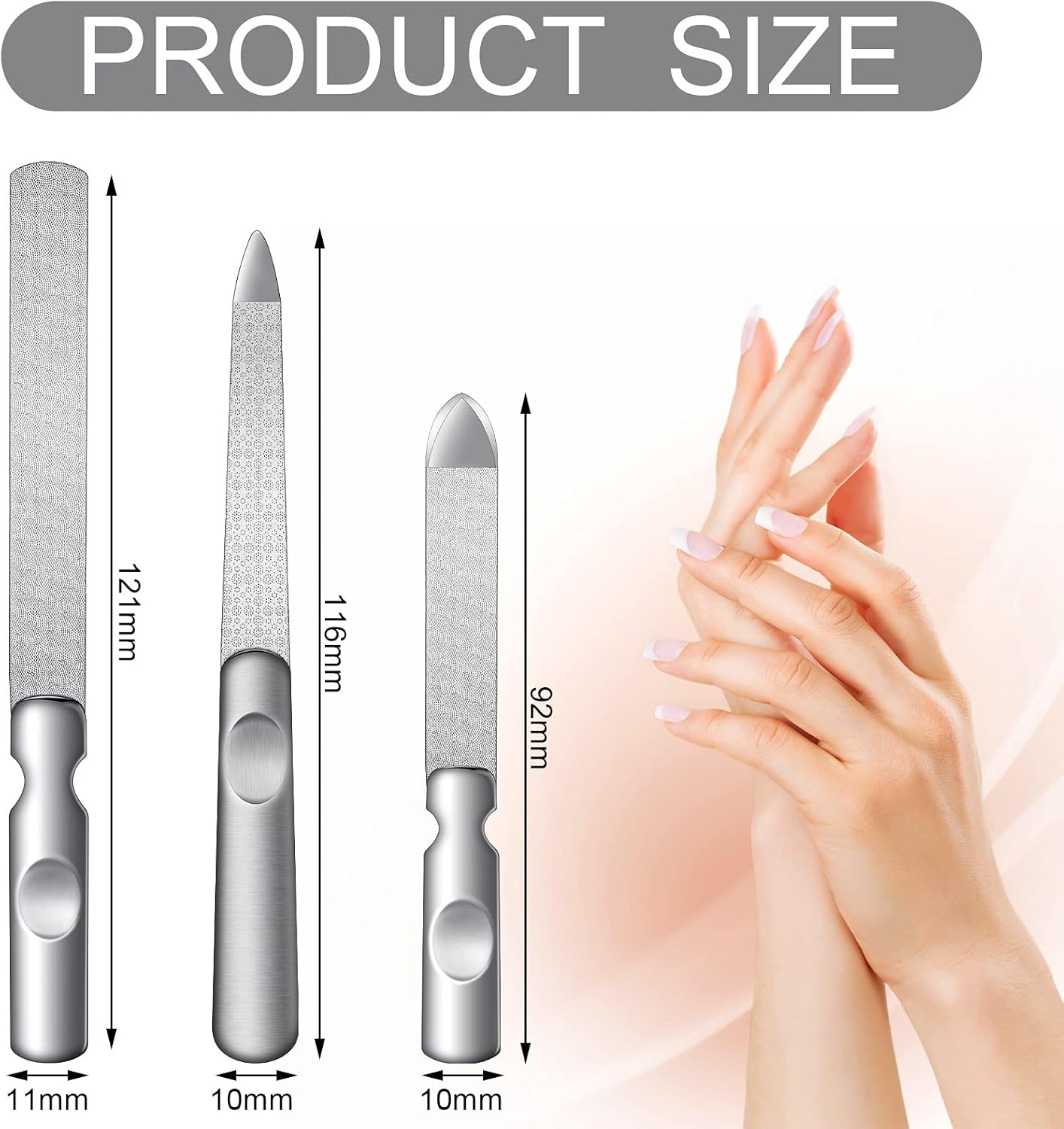 3 Pcs Stainless Steel Nail Files Kit with Leather Case, Double Sided Metal Nail Files with Anti-Slip Handle for Women and Men, Metal File Buffer Manicure Pedicure Tools for Fingernail Toenail(Pink)