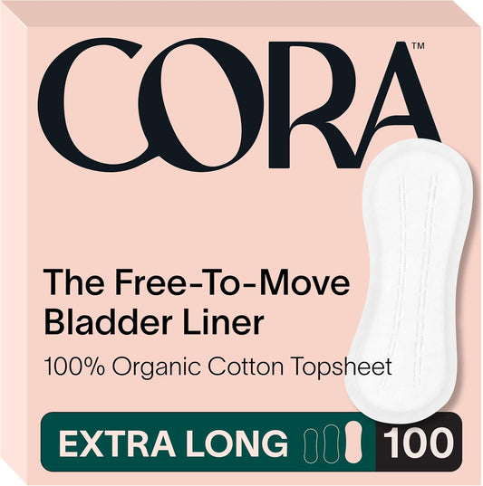 Cora Organic Bladder Liners | Ultra Thin Incontinence & Postpartum Pads for Women | Panty Liners for Bladder Leaks | Breathable Cotton (100 Extra Long)
