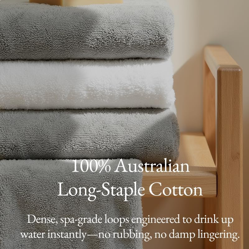 Italic Ultraplush 100% Australian Cotton Towels Standard 6 Piece Set, 2 Bath, 2 Hand, 2 Washcloths, 800GSM Lightweight, Highly Absorbent Quick Dry Soft Resort Grade Towels (Light Gray)