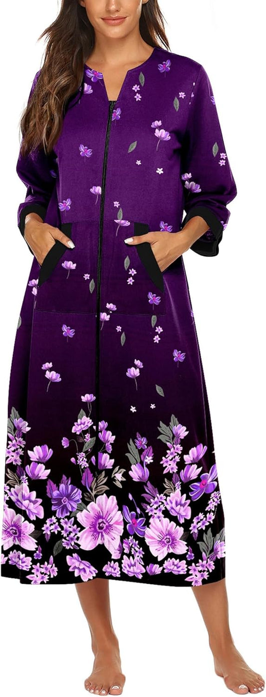 Ekouaer Women Zipper Robe 3/4 Sleeves Loungewear Dress Full Length Sleepwear Pockets Housecoat Nightgown Long Bathrobe