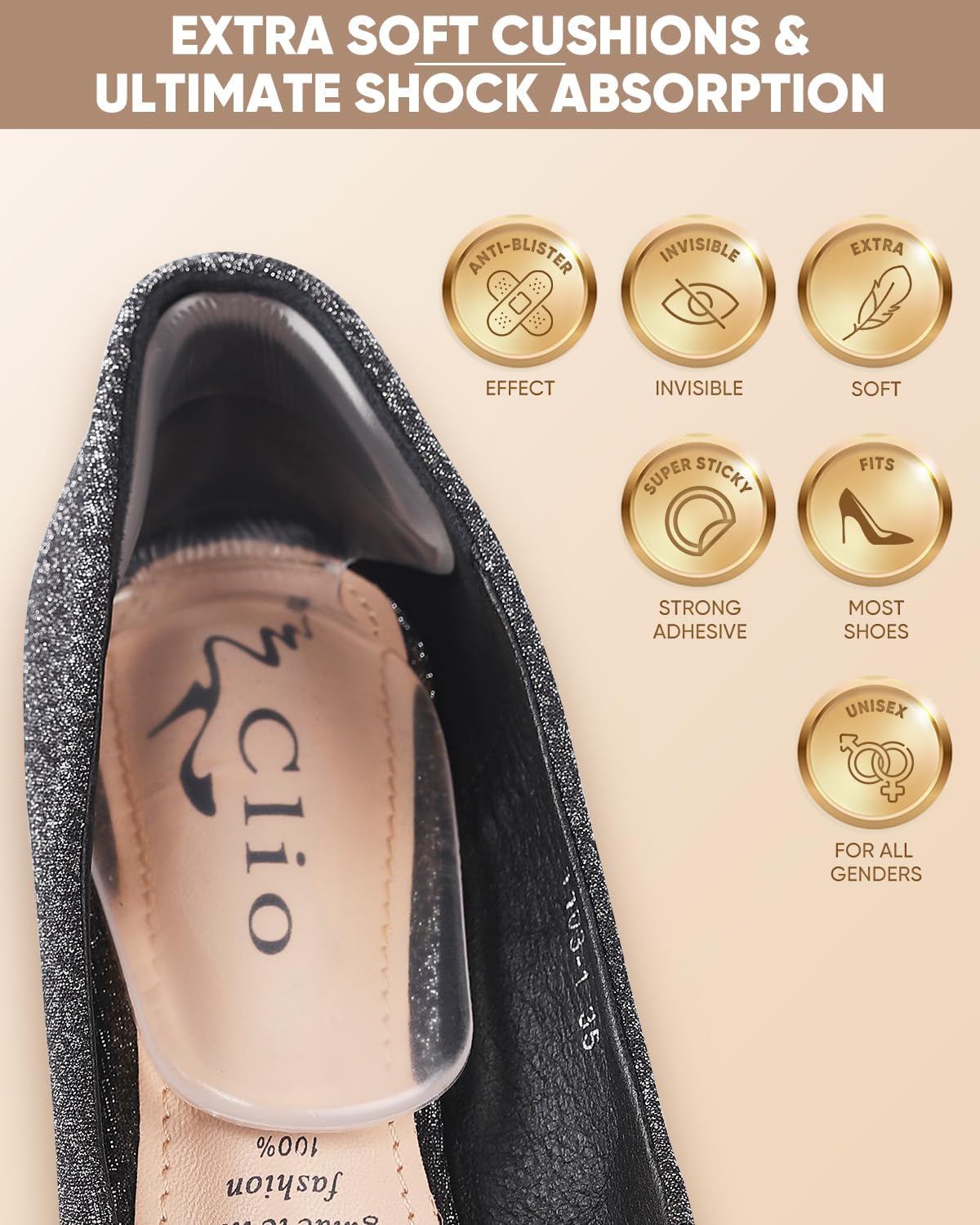 ONUEMP Heel Pads for Shoes, Silicone Shoe Inserts for Women High Heel Protectors Grips, Comfort Foot Pad Cushions for Pain Relief, Shoes Too Big, Blister Prevention (Clear)