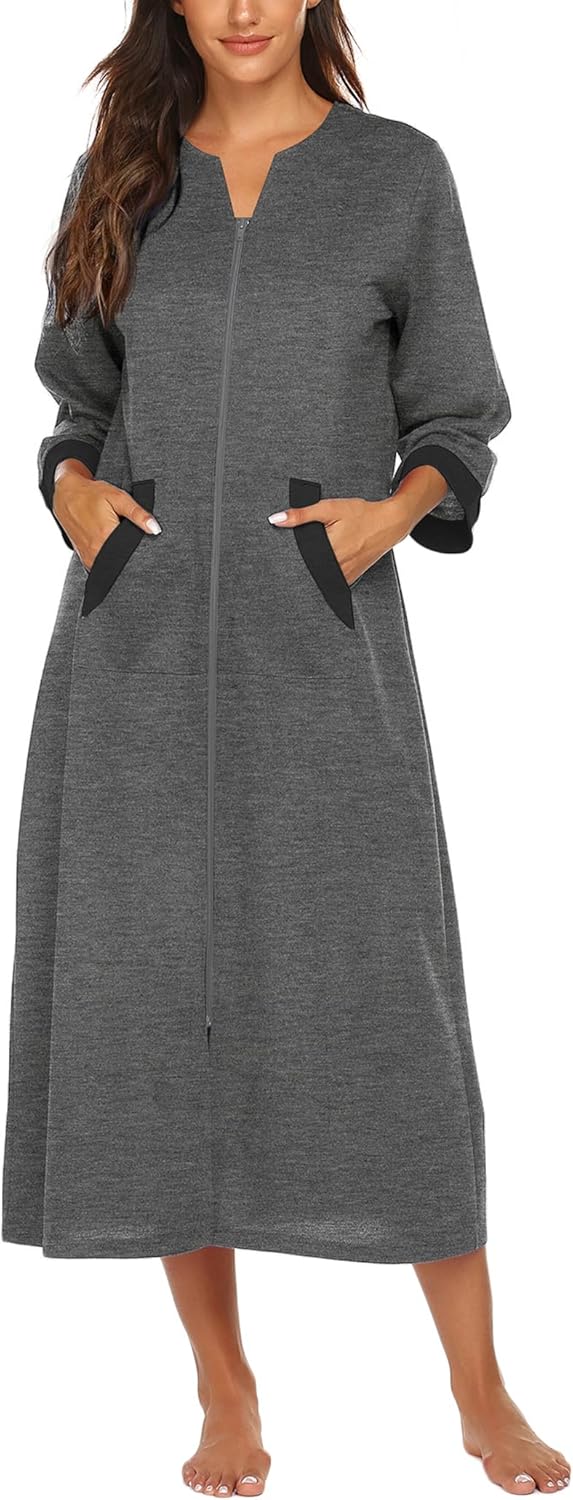 Ekouaer Women Zipper Robe 3/4 Sleeves Loungewear Dress Full Length Sleepwear Pockets Housecoat Nightgown Long Bathrobe