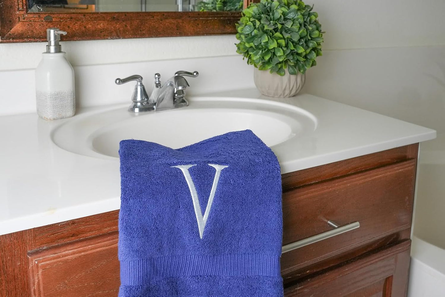 Navy Initial Hand Towel for Bathroom - Monogrammed Luxury Hotel Quality Decorative Embroidered Towel for Powder Room, Spa - GOTS Organic Certified - Set of 2 Letter V