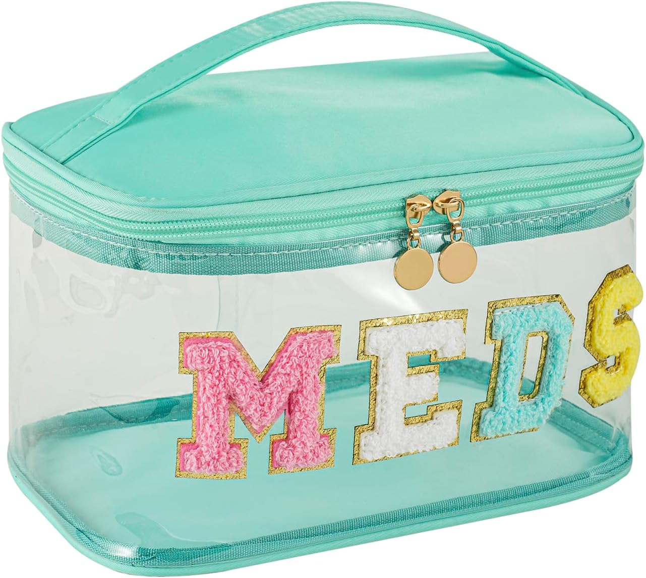 Personalized Chenille Letter Clear Medicine Makeup Bag, Large Waterproof Nylon Cosmetic Toiletry Storage bag with Top Handle, Transparent Meds First Aid Travel Organizer Cosmetic Bag(12Green-Meds)