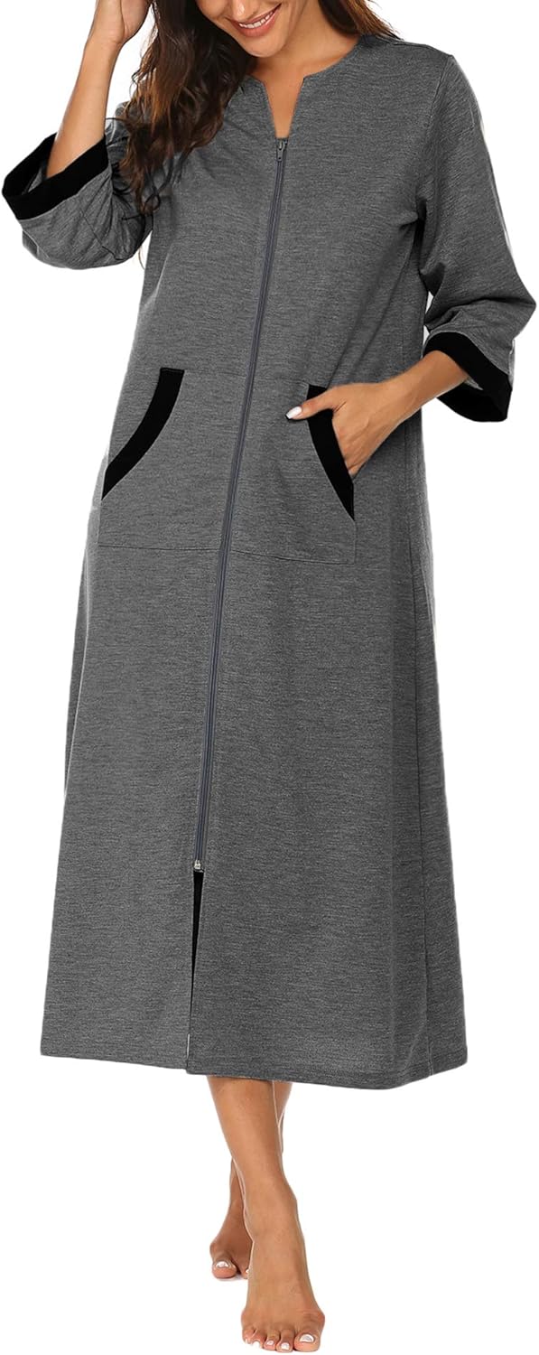 Ekouaer Women Zipper Robe 3/4 Sleeves Loungewear Dress Full Length Sleepwear Pockets Housecoat Nightgown Long Bathrobe