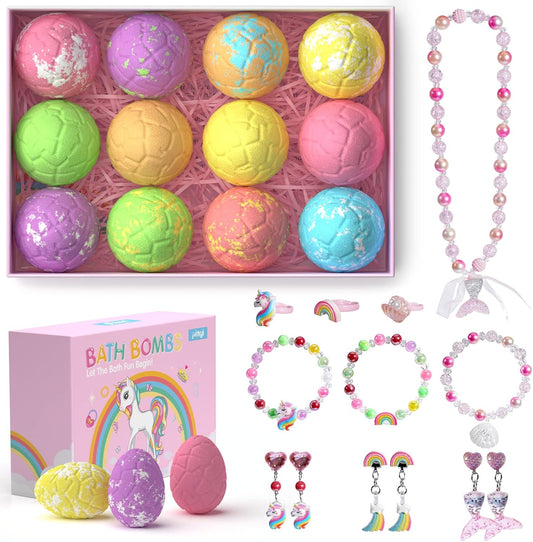 Unicorn Bath Bombs for Girls with Surprise Inside, 12+1 Pack Girls Kids Bath Bombs with Jewelry Toys Inside and Mermaid Necklace, Pink Princess Bath Bomb for Kids 3 4 Year Old Girl Birthday Gifts
