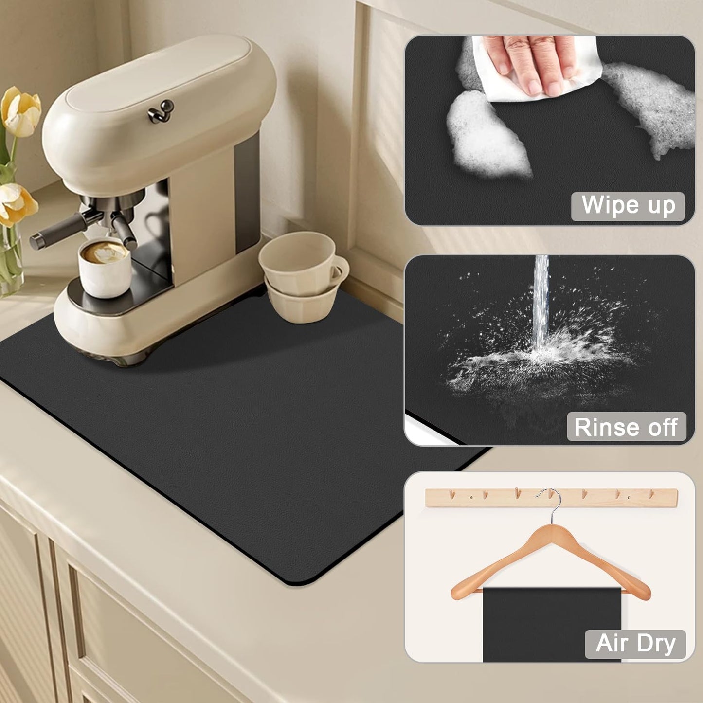 Coffee Maker Mat for Countertops - Dish Drying Mat, Large Coffee Machine Pads,Absorbent, Washable,Reversible Microfiber Rubber Mat for Kitchen Accessories, Under Small Appliance Mats 19x13in(Black)