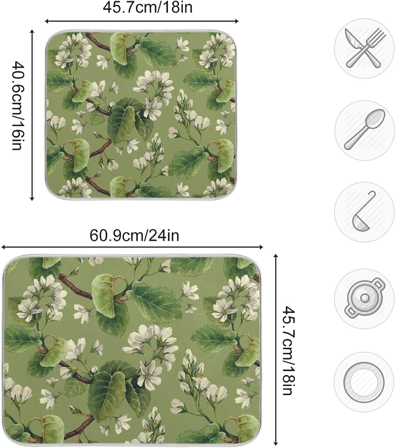 Vintage White Floral Green Leaves Microfiber Dish Drying Mat 18'' x 24'' for Kitchen Counter Drying Pad Dish Drainer Mats Absorbent Dish Draining Mat Extra Large