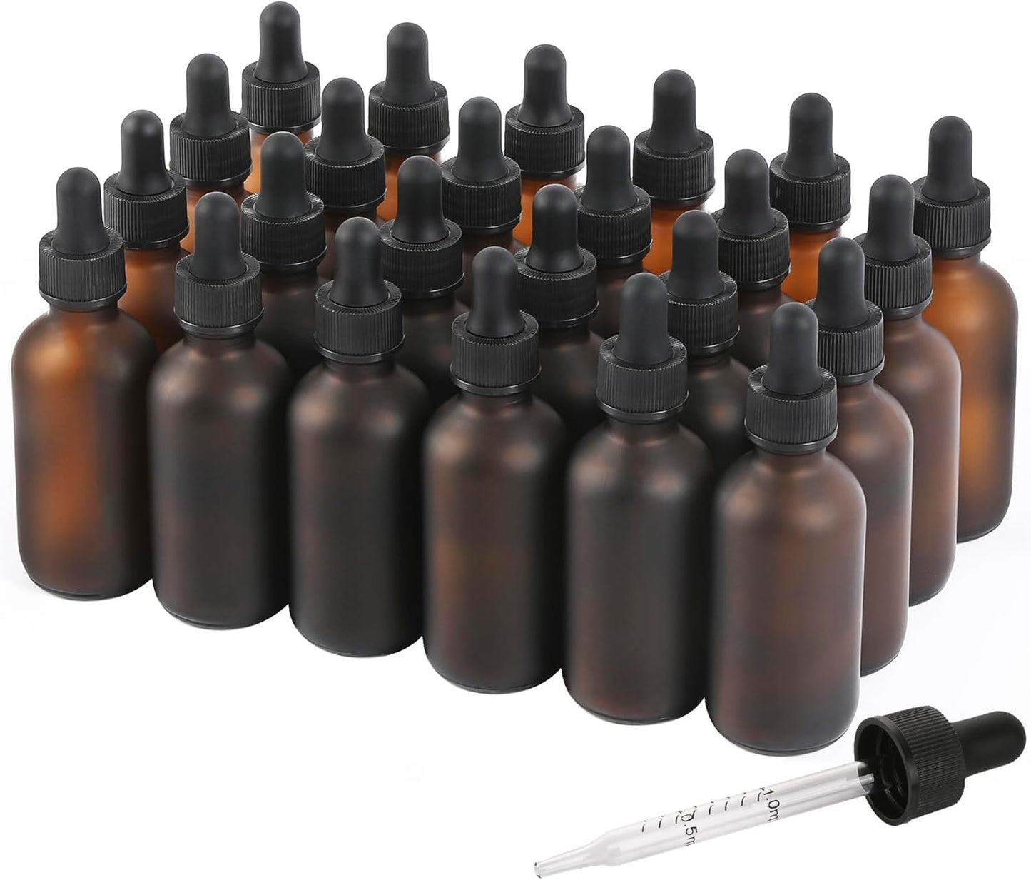 24 Pack, 2oz Glass Dropper Bottle, Preety Texture Tincture Bottles with Precise Scales Eye Droppe, for All Kinds Of Mixed Liquids,Leak-Proof Design for Easy Travel (Amber Frosted)