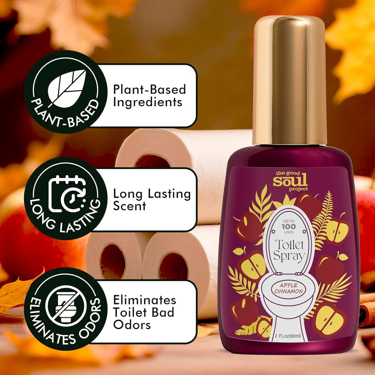 Toilet Spray, Travel Essentials, Apple Cinnamon, 4 Fl.Oz, Up to 200 Uses, Bathroom Odor Eliminator, Air Fresheners for Home and Work