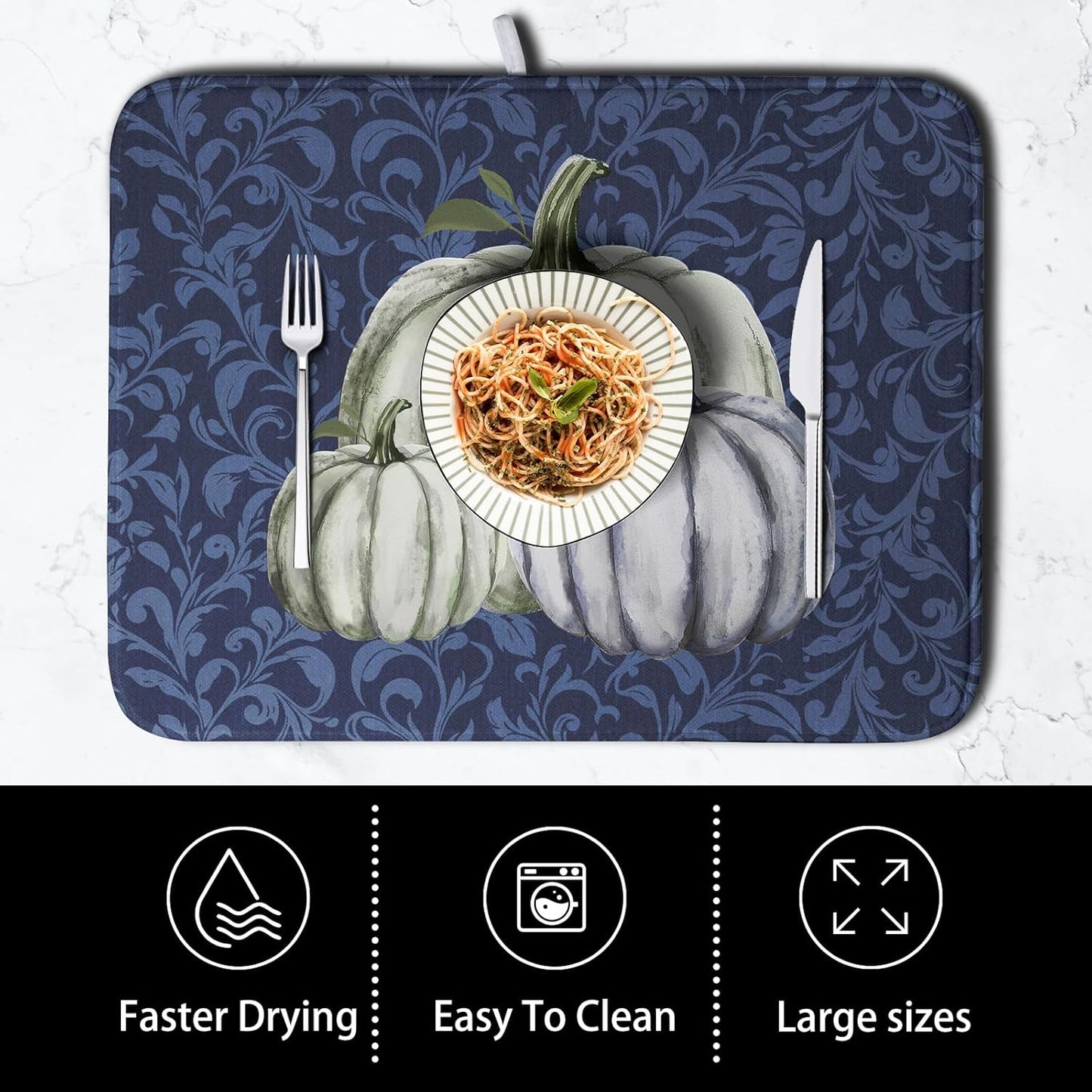 Autumn Dish Drying Mat Fall Navy Blue White Pumpkin Dish Pad for Kitchen Counter 18x24 Microfiber Absorbent Thanksgiving Dish Draining Mat Reusable Washable Dish Drainer Rack Mat
