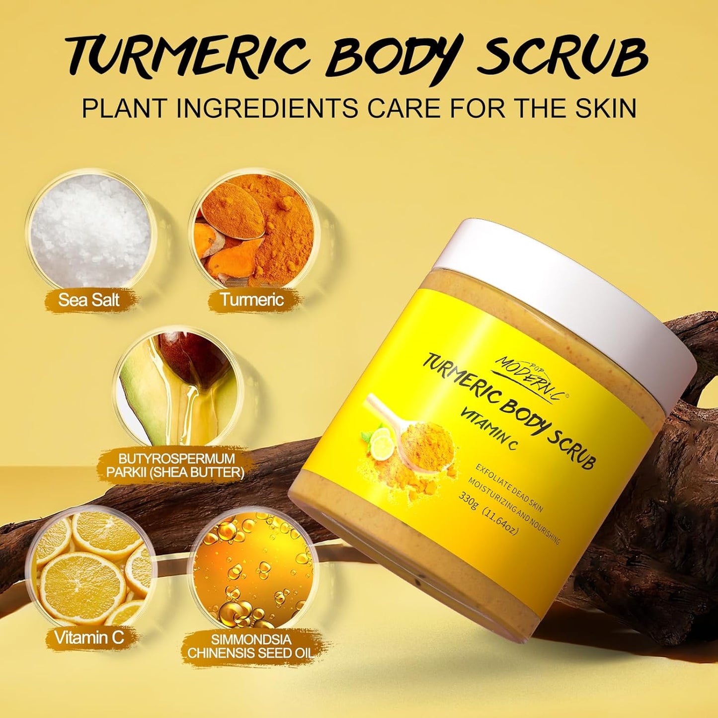 POP MODERN.C Turmeric and Vitamin C Body Scrub Remove Dead Skin Improve Dark Spots Acne Natural Organic Exfoliating Deep Cleansing Exfoliator for Body Butt Bikini Area Body Care with Loofah